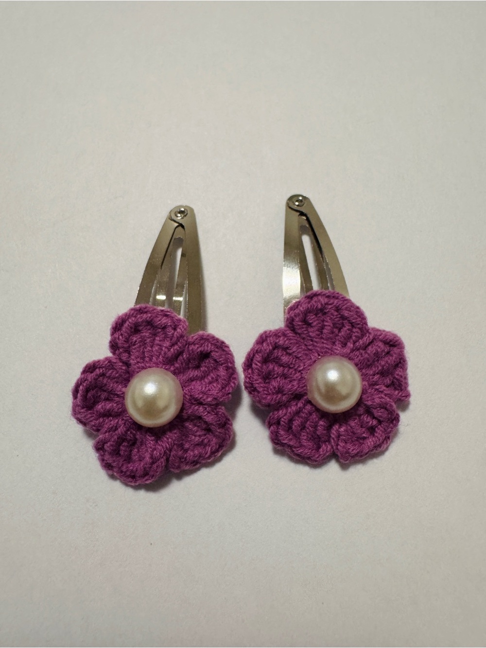 Handmade Purple Flower Hair Clips with Pearl Centers